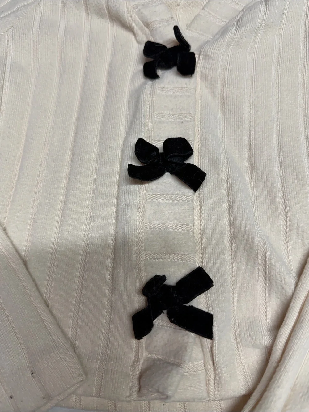 btween Cream Ribbed Flare Pants & Cropped Cardigan with Black Bows